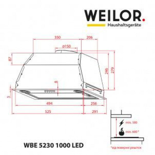 Витяжка вбудована Weilor WBE 5230 SS 1000 LED
