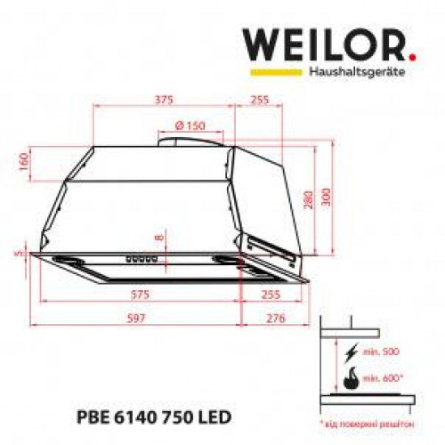 Витяжка вбудована Weilor PBE 6140 SS 750 LED