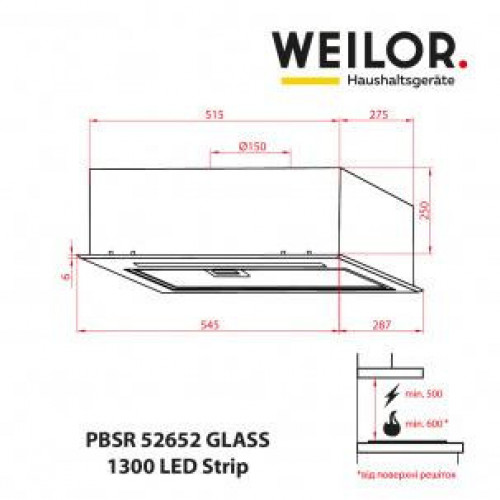 Витяжка вбудована Weilor PBSR 52652 GLASS FBL 1300 LED Strip