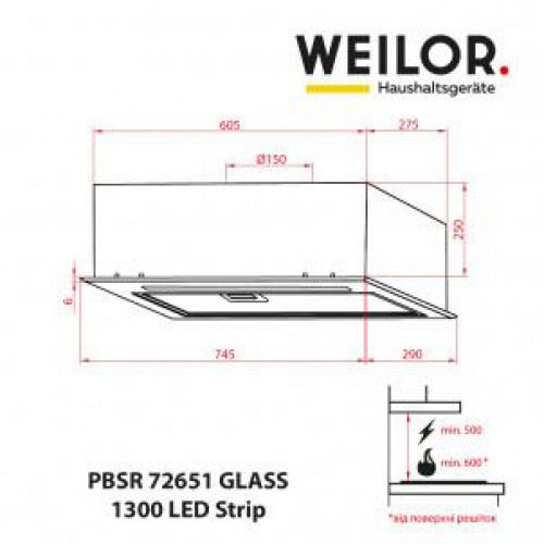 Витяжка вбудована Weilor PBSR 72651 GLASS BL 1300 LED Strip