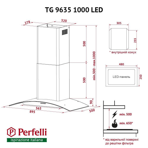 Витяжка вбудована Perfelli TG 9635 I 1000 LED