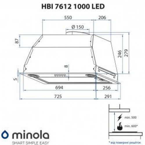 Витяжка вбудована Minola HBI 7612 BL 1000 LED