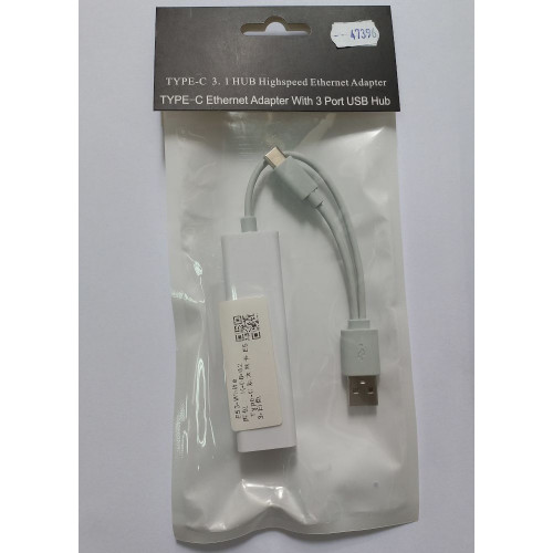 Адаптер Type-C/USB2.0 to Ethernet, 3PortUSB HUB, білий