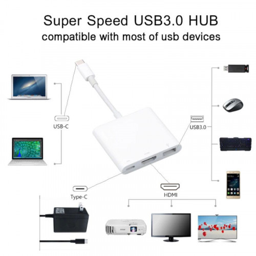 Адаптер USB Type-C - Type-C, HDMI, USB3.0, білий (USB)