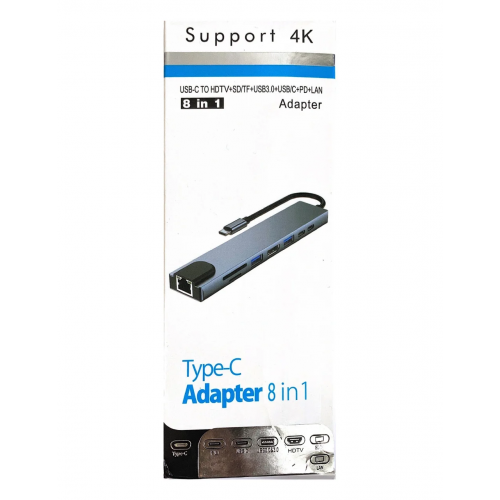 Адаптер 8 in 1 Type-C to Type-C, HDMI, 2xUSB3.0, PD, LAN(RJ45), SD/TF