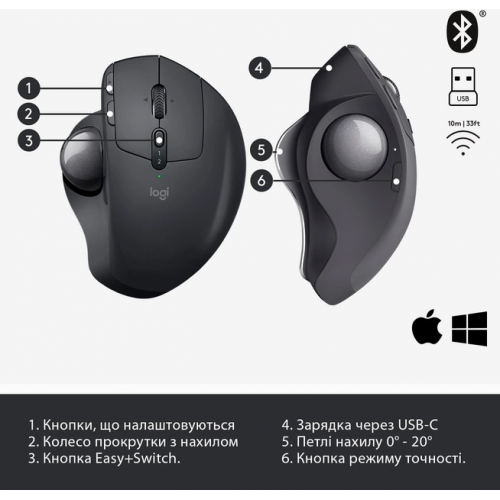 Миша 8 кноп. Logitech MX Ergo (910-005179) бездротова (Bluetooth, USB), Graphite