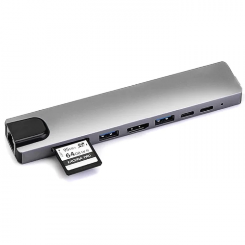 Адаптер 8 in 1 Type-C to Type-C, HDMI, 2xUSB3.0, PD, LAN(RJ45), SD/TF