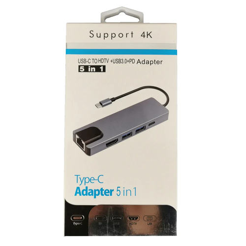 Адаптер 5 in 1 Type-C to HDMI, 2xUSB3.0, PD, LAN(RJ45)