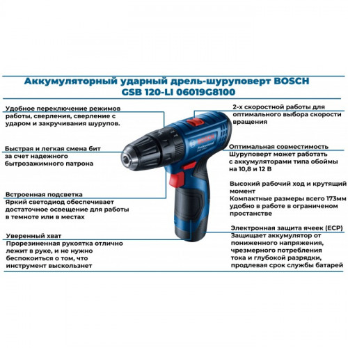 Дриль-шурупокрут акумуляторний Bosch GSB 120-LI Professional (12 В, 2 А*год) (06019G8100)