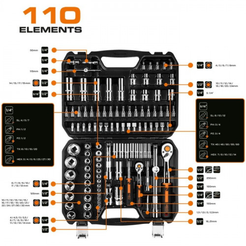 Набір змінних головок NEO Tools (1/2", 1/4", 110 шт.) (10-066)