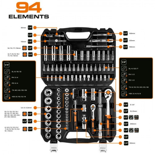 Набір змінних головок NEO Tools (1/2", 1/4", 94 шт.) (10-062)