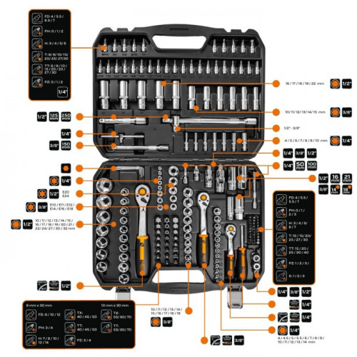 Набір змінних головок NEO Tools (1/4", 3/8", 1/2", 182 шт.) (10-074)