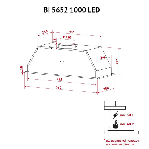 Витяжка повновбудована Perfelli BI 5652 I 1000 LED