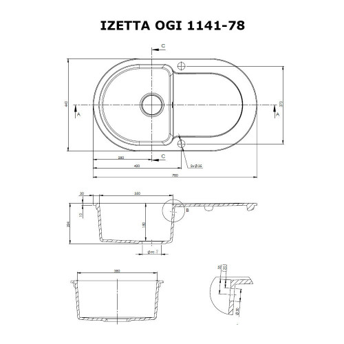 Мийка кухонна гранітна Perfelli IZETTA OGI 1141-78 BLACK METALLIC