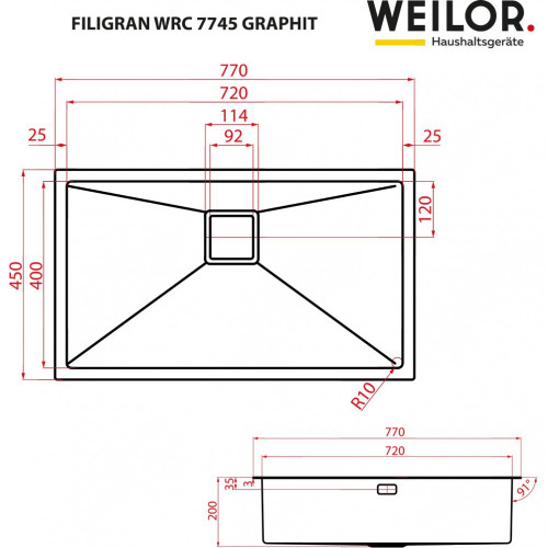 Мийка кухонна нержавіюча сталь WEILOR FILIGRAN WRC 7745 GRAPHIT