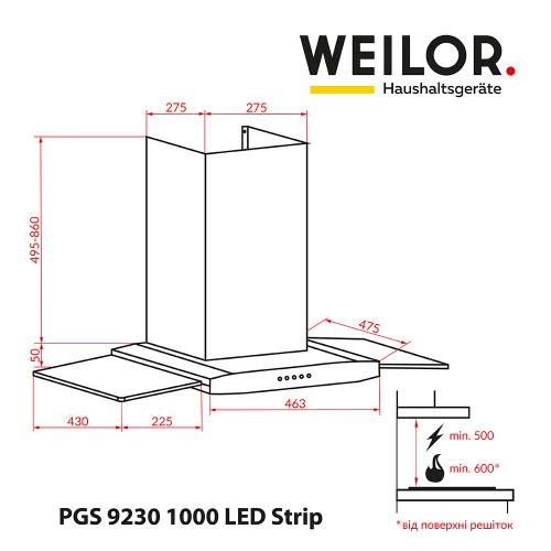 Декоративна витяжка зі склом WEILOR PGS 9230 IG 1000 LED Strip