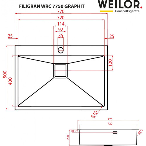 Мийка кухонна нержавіюча сталь WEILOR FILIGRAN WRC 7750 GRAPHIT