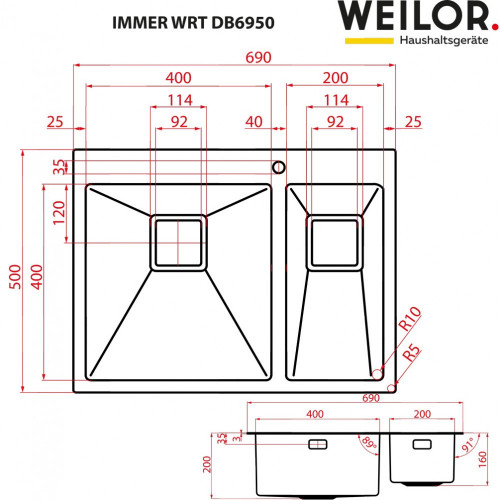 Мийка кухонна нержавіюча сталь WEILOR IMMER WRT DB6950