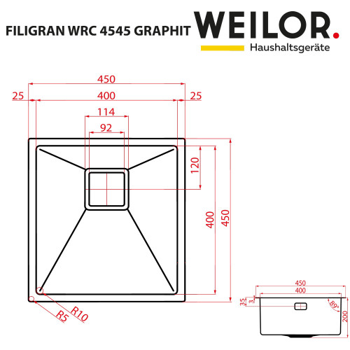 Мийка кухонна нержавіюча сталь WEILOR FILIGRAN WRC 4545 GRAPHIT