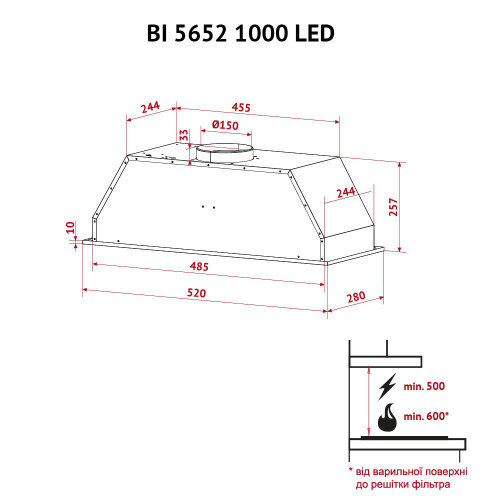 Витяжка повновбудована Perfelli BI 5652 BL 1000 LED