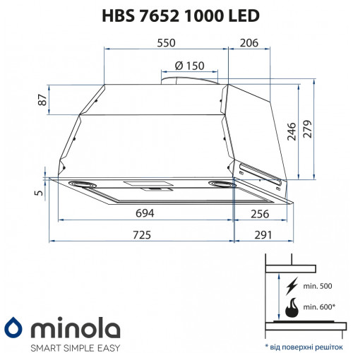 Витяжка повновбудована Minola HBS 7652 BL 1000 LED