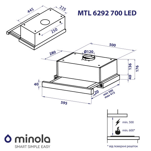 Витяжка телескопічна Minola MTL 6292 BL 700 LED