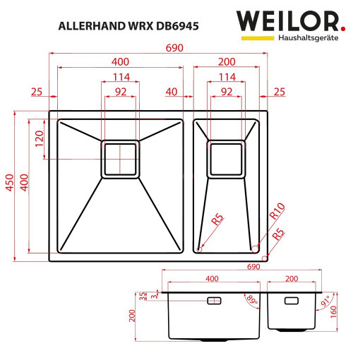 Мийка кухонна нержавіюча сталь WEILOR ALLERHAND WRX DB6945