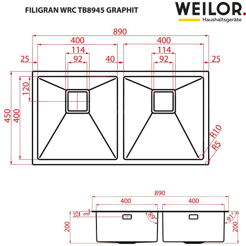 Мийка кухонна нержавіюча сталь WEILOR FILIGRAN WRC TB8945 GRAPHIT