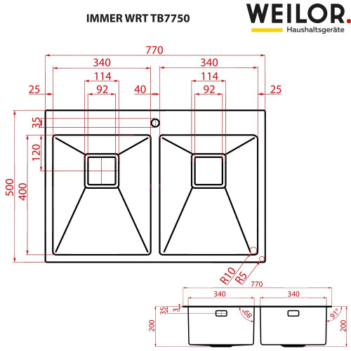 Мийка кухонна нержавіюча сталь Weilor IMMER WRT TB7750