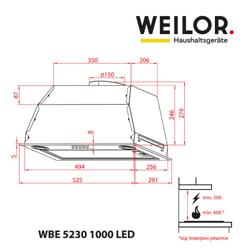 Витяжка повновбудована WEILOR WBE 5230 FBL 1000 LED